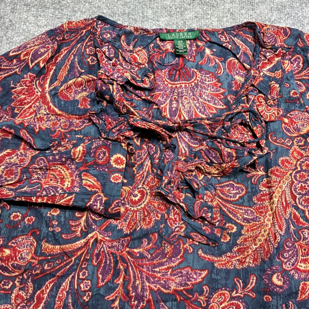 Lauren Ralph Lauren Blouse Women's S/P Blue/Red Paisley Semi Sheer Ruffled Flowy